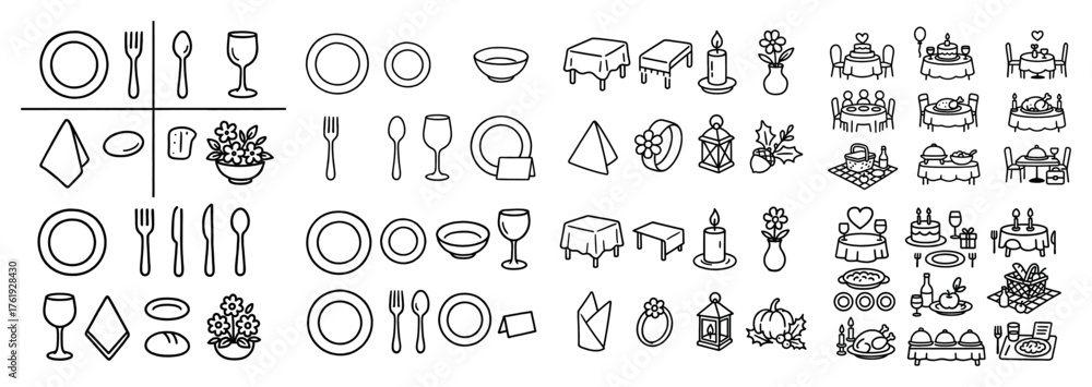 Fototapeta premium Dining utensils and table setting icons collection