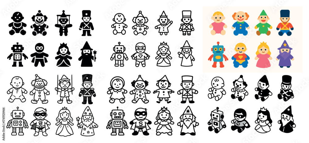 Naklejka premium Colorful cartoon characters with robots and princesses