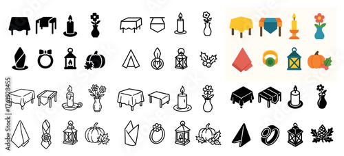 Diverse table decor: candles, lanterns, and napkins