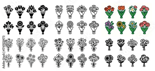 Variety of colorful and black-and-white flower bouquets