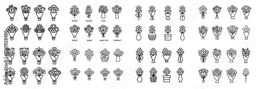 Various black and white flower bouquet illustrations