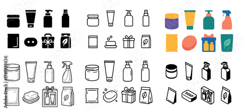 Cosmetic bottle and container icons in various styles