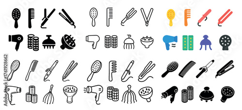 Hair styling tools collection: brushes, combs, dryers