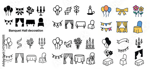 Banquet hall decoration icons and illustrations