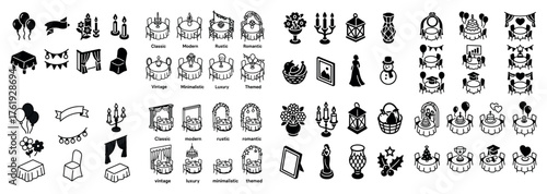 Wedding and event decoration outline icons set