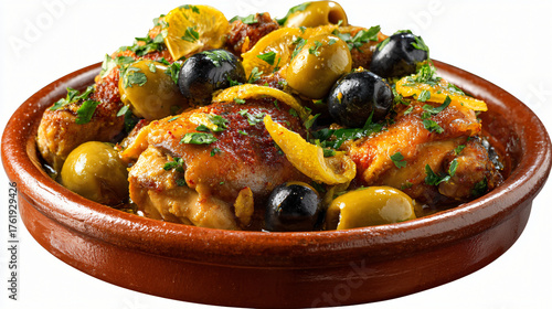 Delicious chicken tagine with olives and lemon isolated on white background