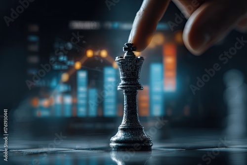 Hand moves a chess king on a board with blurred financial data graphs in background