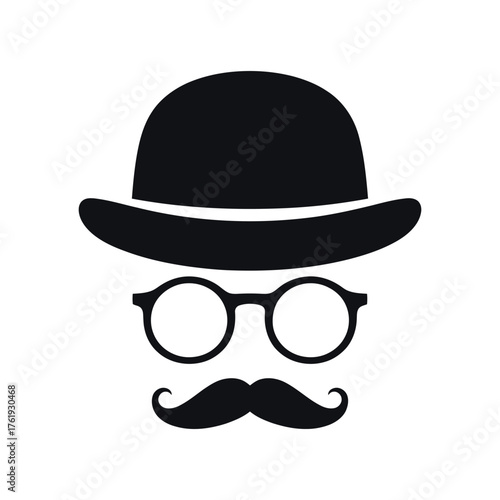black bowler hat, round glasses and mustache icon Silhouette vector on white background