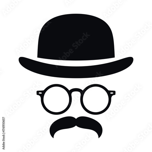 bowler hat, round glasses and mustache icon Silhouette vector style with white background 