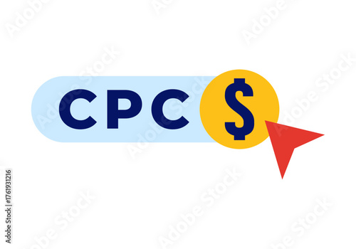 CPC Cost Per Click Dollar with Pointing Arrow Flat Colored Illustration for Digital Advertising