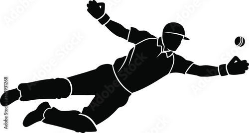 Silhouette of a baseball player making a diving catch
