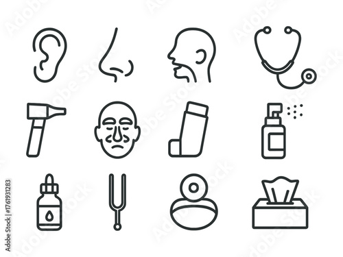Simple medical icons: ear, nose, throat, stethoscope, inhaler, tuning fork, tissues