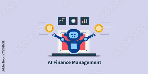 AI robot appears on screen managing financial credentials, visualising multiple diagrams and optimizing accounting workflow. 