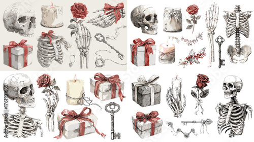 Watercolor gothic set of skeletons, skulls, roses, candles, and gifts with red ribbons. Perfect for Halloween, anatomy art, or dark romantic illustration projects.