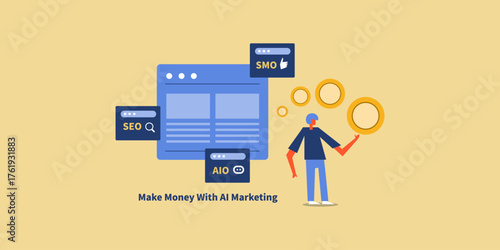 Freelance professional applies AI marketing with SEO and SMO, money flowing from website.