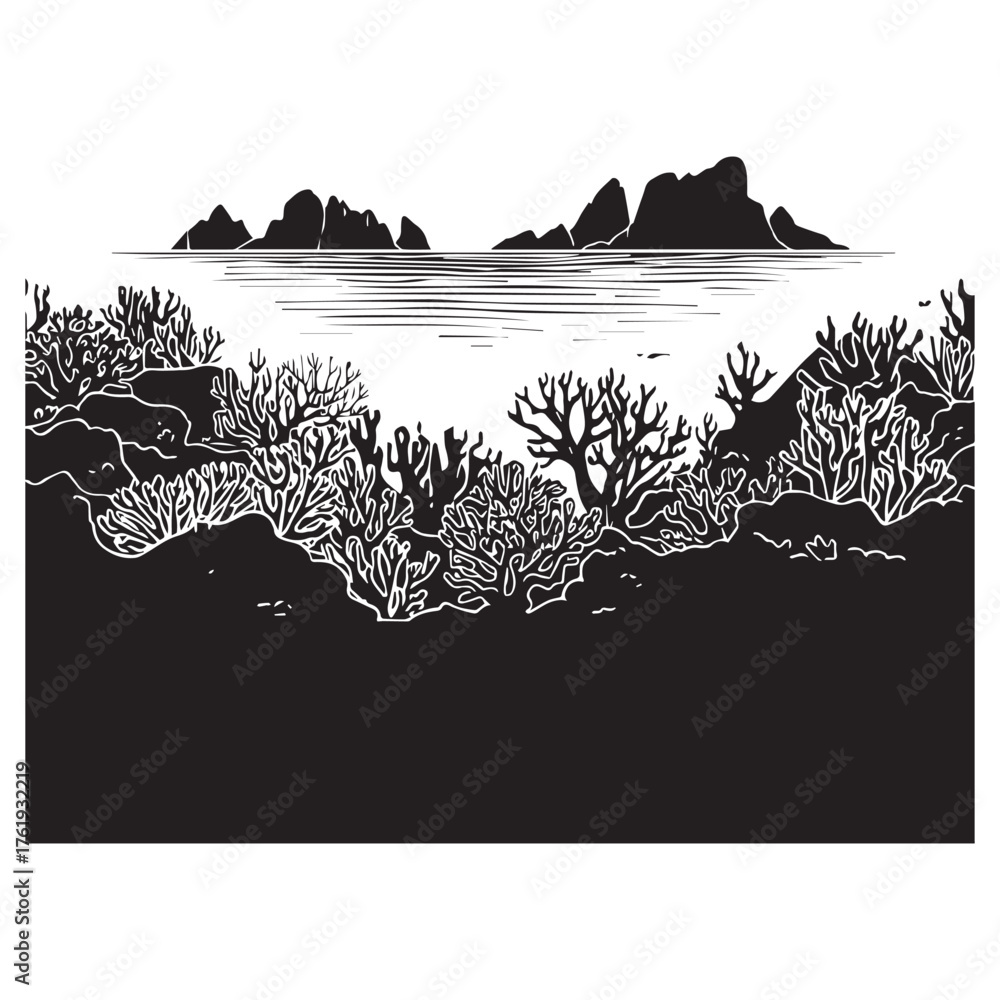 Naklejka premium Stylized black and white illustration of a rocky coastline with dense underwater coral reefs and ocean waves creating a dramatic silhouette