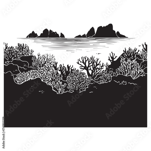 Stylized black and white illustration of a rocky coastline with dense underwater coral reefs and ocean waves creating a dramatic silhouette