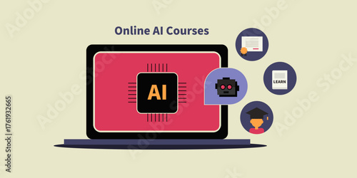 Online AI courses with certification and academic achievement, robot showcase intelligent learning platform.