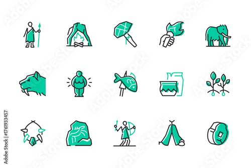 Prehistoric times - set of line design style icons