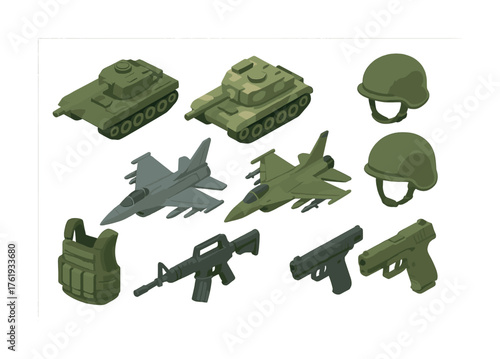 Military equipment collection: tanks, helmets, fighter jets, weapons