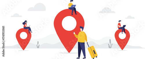 Vector illustration of people using mobile technology for travel and remote work, with large red GPS location pins symbolizing navigation and destinations