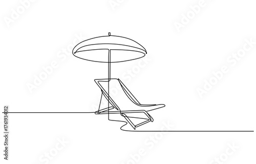 Beach umbrella and chair in one continuous line drawing vector illustration isolated on transparet background