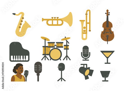 Jazz instruments and elements icon set with saxophone, trumpet, drums, microphones, and singer