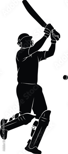 Silhouette of a cricket player hitting a ball with a bat