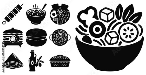 Food silhouettes vector set burgers, snacks, vegetables, and cooking icons.