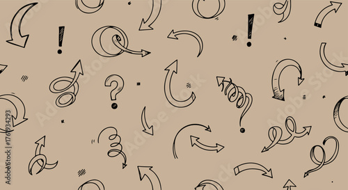 Hand drawn seamless pattern of arrows and punctuation marks on kraft paper background