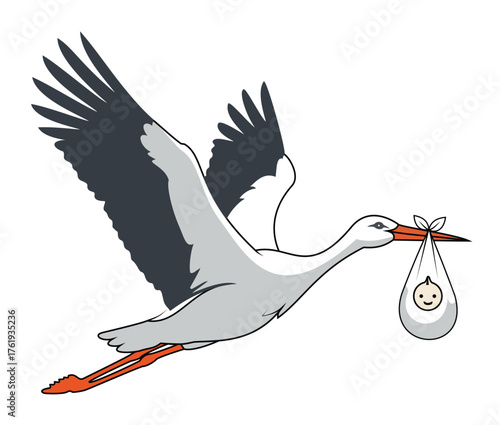 Traditional flying stork carrying a happy newborn baby in a swaddled bundle, childbirth announcement vector