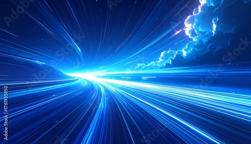 Abstract digital artwork depicts a highway of light and energy racing toward a vibrant sky and glowing clouds. The scene conveys a sense of speed