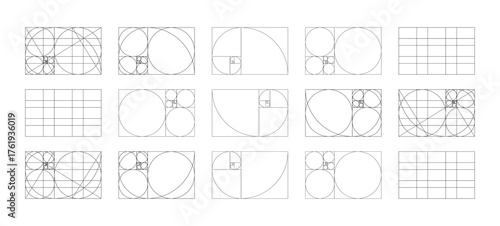 Golden ratio section grid. Fibonacci array, numbers forms. Harmony proportions frames templates. Golden Spiral pattern. Method golden section set. Outline graphic illustration.