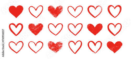 Hand drawn red love heart doodle collection vector set on transparent background