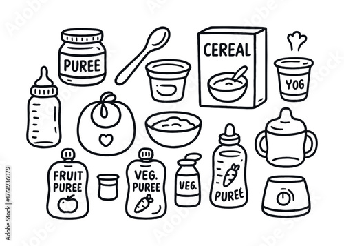 Simple baby food collection: bottles, purees, cereal, yogurt, and bowls illustrated