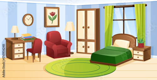 Cartoon interior room. Game bedroom at home. Bed with table. Empty sleep placement. Cozy apartment furniture. Design of comic lodgings. Desk and cabinet. House furnishing. Vector garish illustration