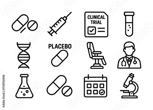 Medical research icons: pills, syringe, clinical trial, test tube, dna, placebo, doctor