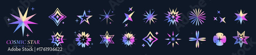 Star holographic. Y2K icon. Starlight glow. Glitter sticker. Geometric shape. Gradient metal design. Glossy fluid chrome. Cosmic stardust. Abstract silver figures set. Vector sparkle garish hologram