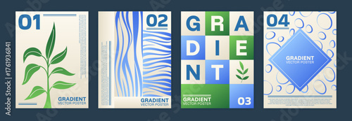 Modern design poster. Art background. Gradient futuristic style and nature pattern. Abstract geometric print. Bright shape. Water wave. Plant leaves. Wet bubbles. Vector typography garish layouts set