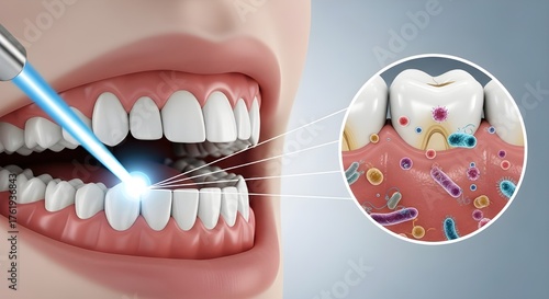 Dental Laser Treatment on Tooth and Gums with Bacteria Diagram — Oral Health Care and Medical Illustration