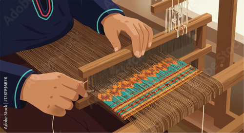 A person weaving on a traditional loom with colorful threads in a close-up view.