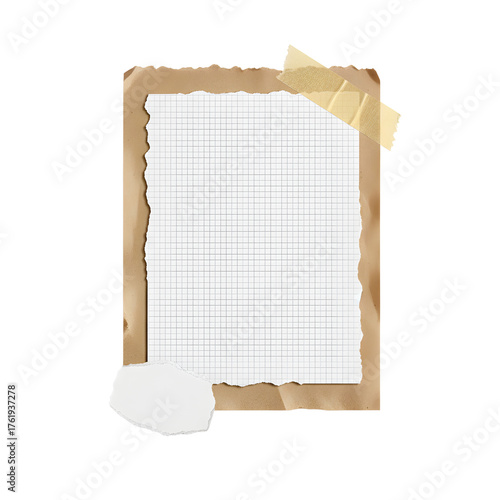 Torn paper collage with brown kraft paper and white grid notebook paper layers, decorated with ripped tape. Minimal vintage aesthetic for scrapbook, journaling, and digital collage projects.