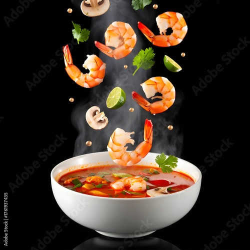 Delicious tom yum soup with falling ingredients creates a visually appealing and appetizing scene