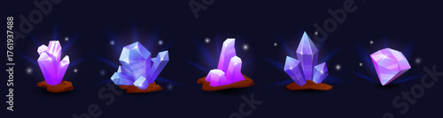 Crystal game. Stone gem. Diamond magic, gemstone purple. Icon cartoon jewel. Texture of shiny rock. Glowing shape in fantasy cave, mineral treasures. UI isolated elements. Vector jewellery tidy piece