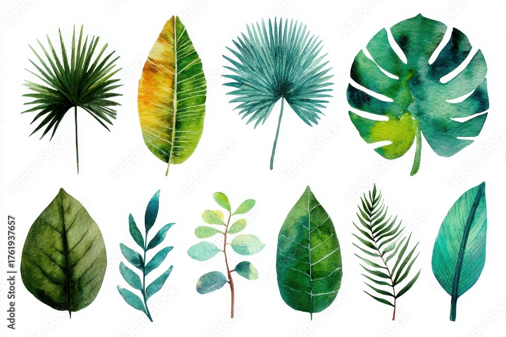 Fototapeta premium Hojas Acuarela. Pack de Elementos Florales en Acuarela de Naturaleza: Hojas, Ramas y Ãrboles Aislados
