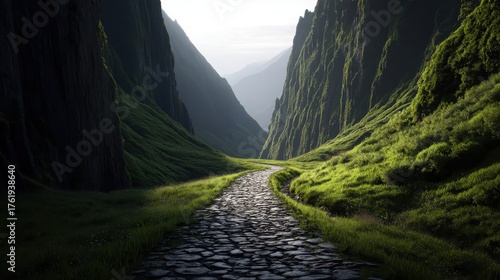 A serene, winding stony path cuts through lush green valleys surrounded by towering cliffs under a soft, diffused light.