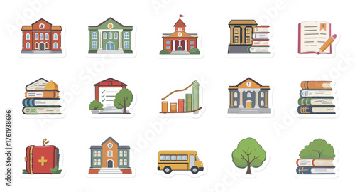 Educational Icon Set: School Buildings, Books and Charts