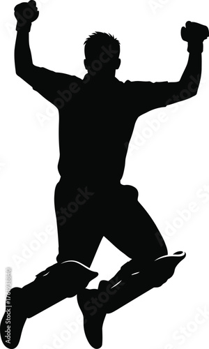 Silhouette of a triumphant cricket player celebrating a victory