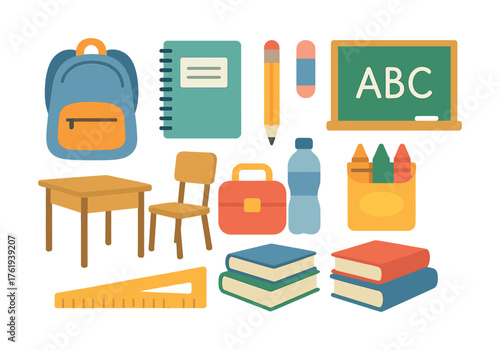 Colorful school supplies set with backpack, books, and chalkboard