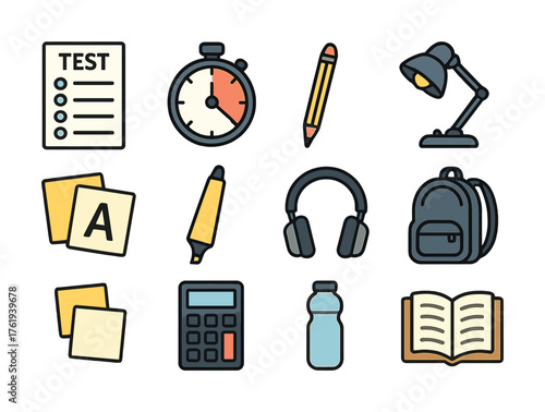 Educational icons: test, stopwatch, pencil, lamp, supplies for learning and study